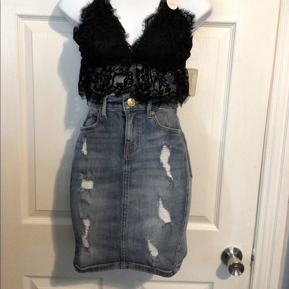 Express denim distressed pencil skirt